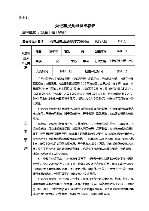 先进基层党组织推荐表