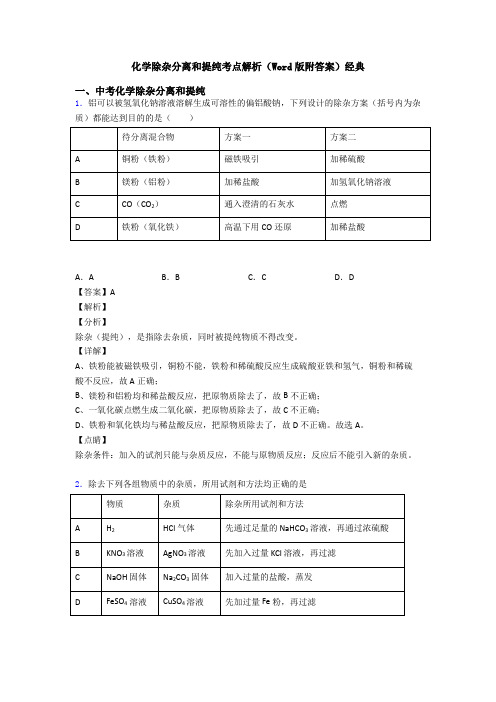 化学除杂分离和提纯考点解析(Word版附答案)经典