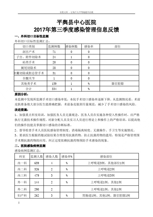 医院感染管理2017年第三季度信息反馈