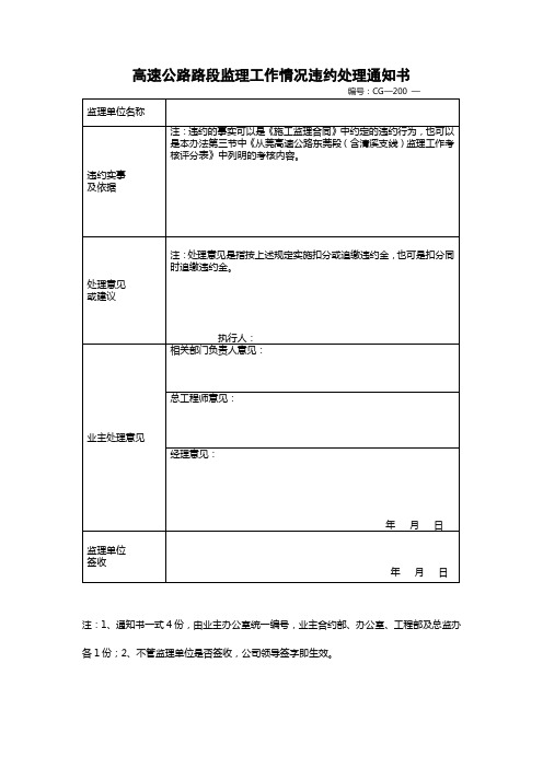 高速公路路段监理工作情况违约处理通知书