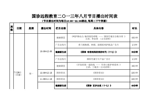 《国珍远程教育二〇一三年八月份节目播出时间表》