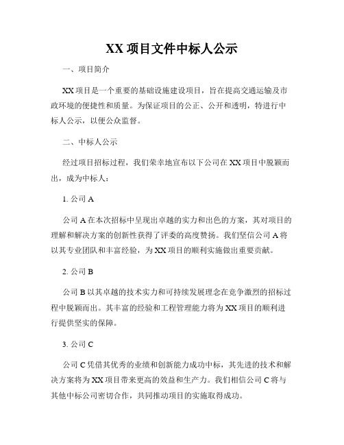 XX项目文件中标人公示