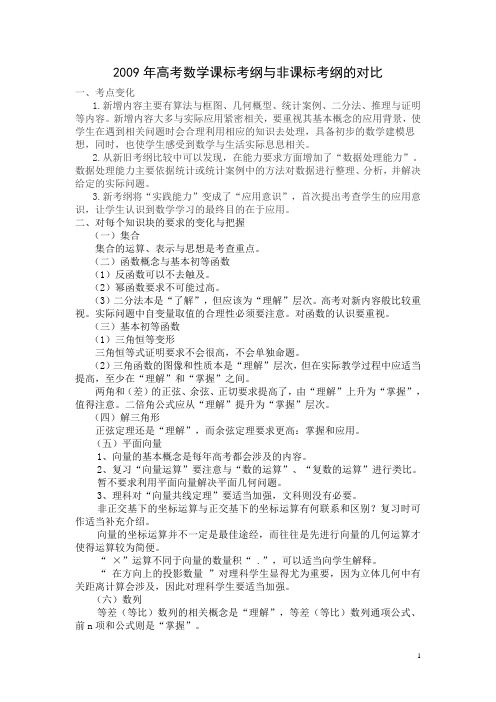 2009年高考数学课标考纲与非课标考纲的对比