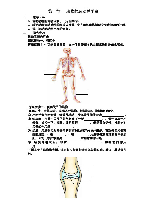 人教版八年级生物上册第二章第一节《动物的运动》导学案