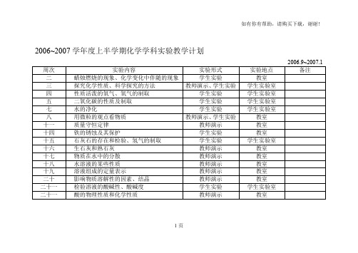 学年度上半学期化学学科实验教学计划