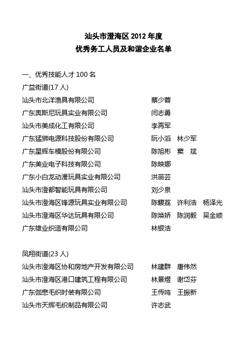 汕头澄海区区2012年度优秀务工人员名单