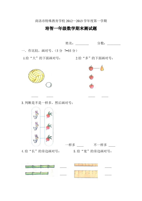 培智一年级数学(上)期末测试卷