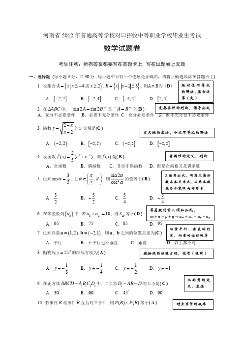 河南省2012年普通高等学校对口招收中等职业学校毕业生考试数学试题卷解析