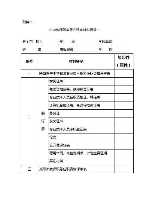 2011年中小学教师职务晋升评审材料目录