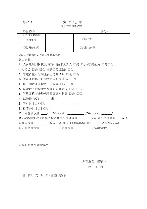 室外排水管网闭水试验旁站记录