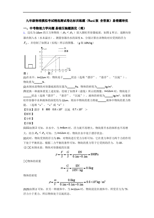 九年级物理模拟考试精选测试卷达标训练题(Word版 含答案)易错题培优