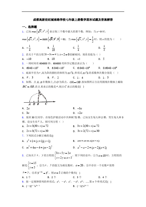 成都高新世纪城南路学校七年级上册数学期末试题及答案解答