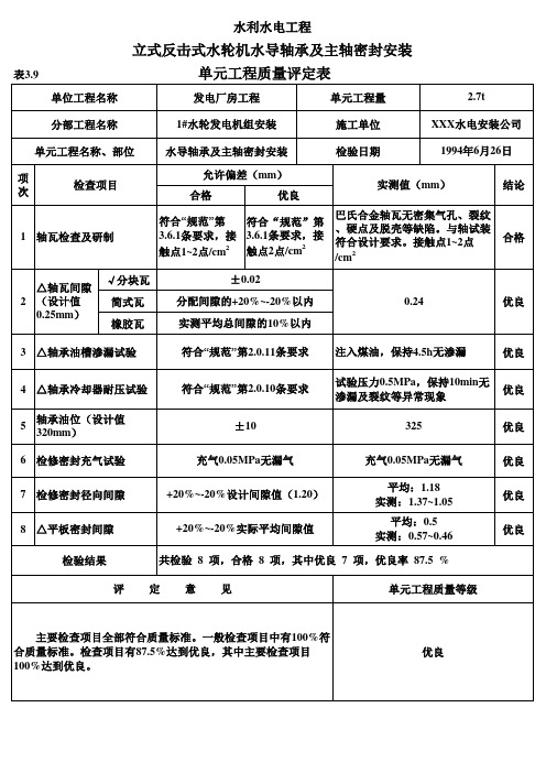 表3.9 立式反击式水轮机水导轴承及主轴密封安装单元工程质量评定表(例表)