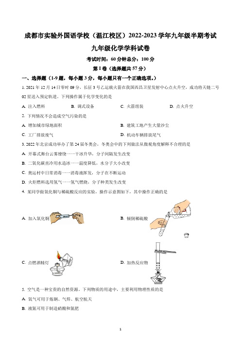 四川省成都市实验外国语学校(温江校区)2022-2023学年九年级上学期期中化学试题