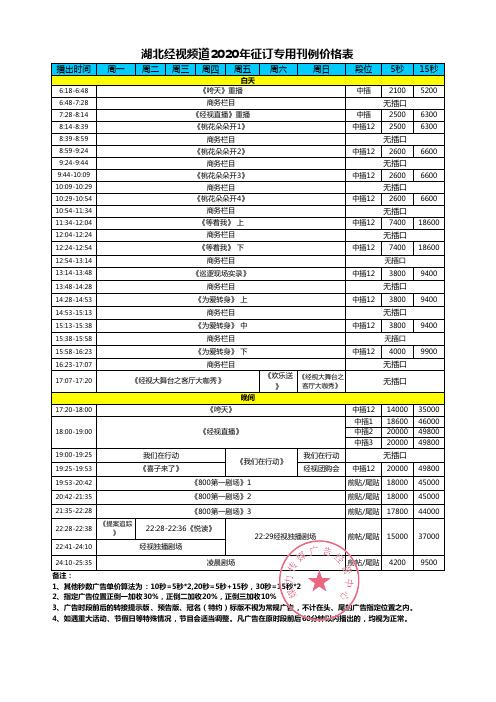 2020年湖北经视广告价格刊例—媒力·传媒