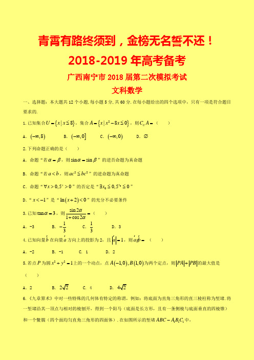 2018-2019年广西南宁市二模：南宁市2018届高三第二次模拟考试数学(文)试题-附答案精品