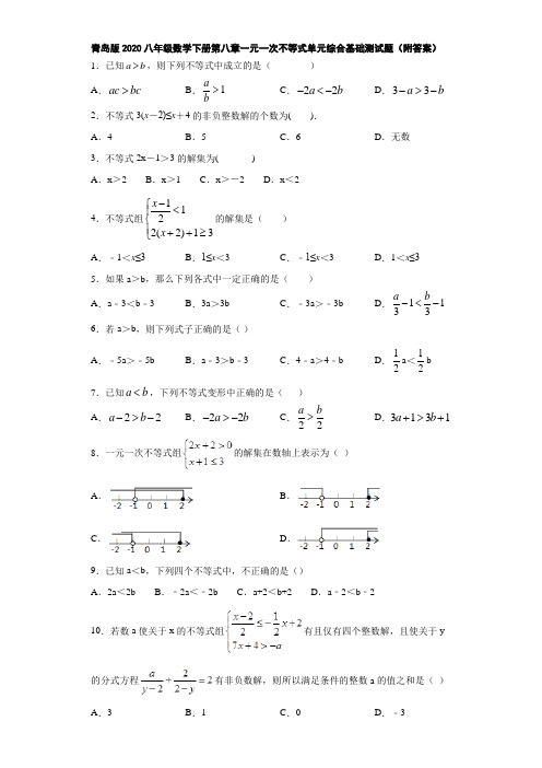 青岛版2020八年级数学下册第八章一元一次不等式单元综合基础测试题(附答案)