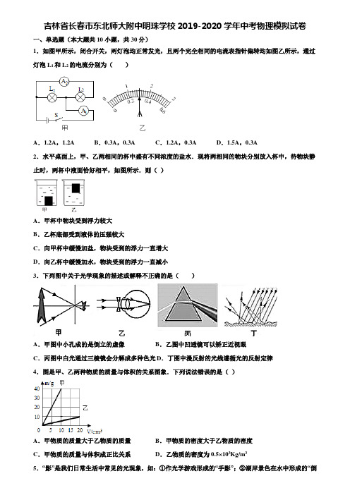 【附20套中考模拟试卷】吉林省长春市东北师大附中明珠学校2019-2020学年中考物理模拟试卷含解析