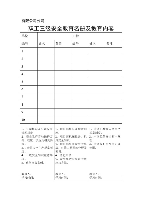 职工三级安全教育名册及教育内容