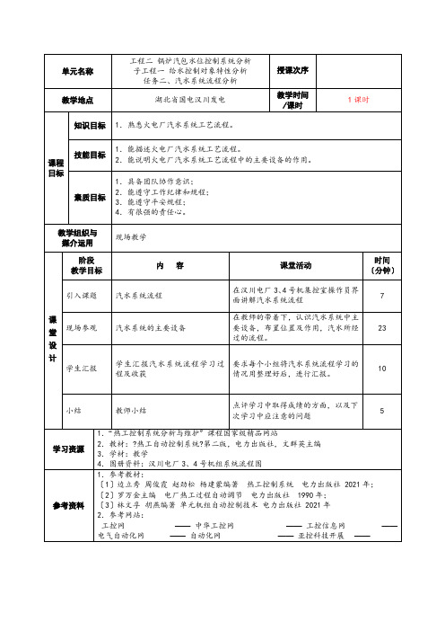 火电厂集控运行专业《任务二 汽水系统流程分析》