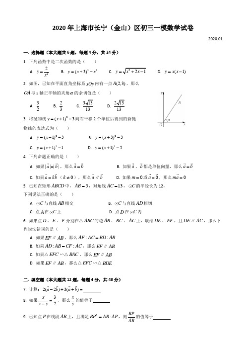 2020年上海市长宁(金山)区初三一模数学试卷及答案 Word含解析