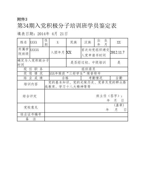 入党积极分子培训班学员鉴定表