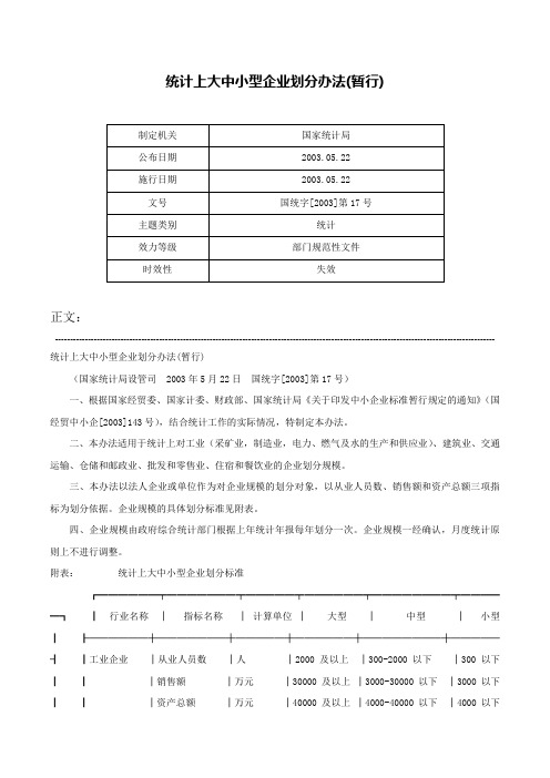 统计上大中小型企业划分办法(暂行)-国统字[2003]第17号