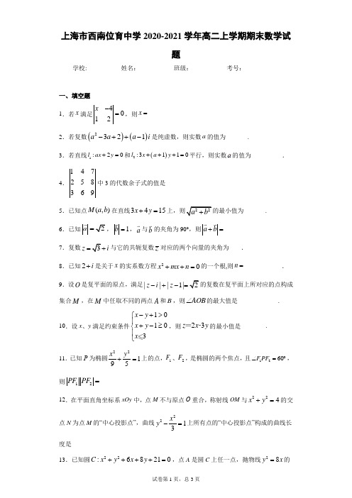 上海市西南位育中学2020-2021学年高二上学期期末数学试题