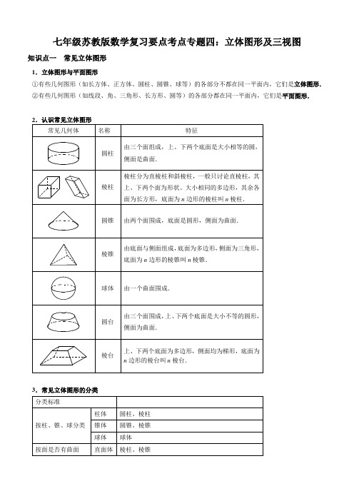 七年级苏教版数学复习要点考点专题四：立体图形及三视图(教师用,附答案分析)