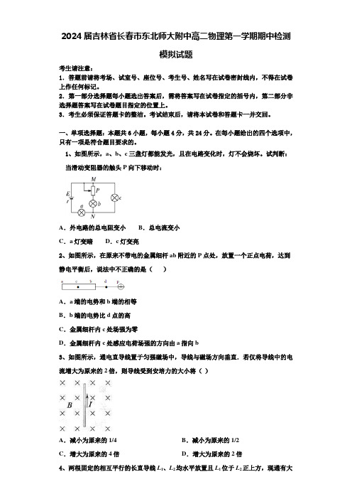 2024届吉林省长春市东北师大附中高二物理第一学期期中检测模拟试题含解析