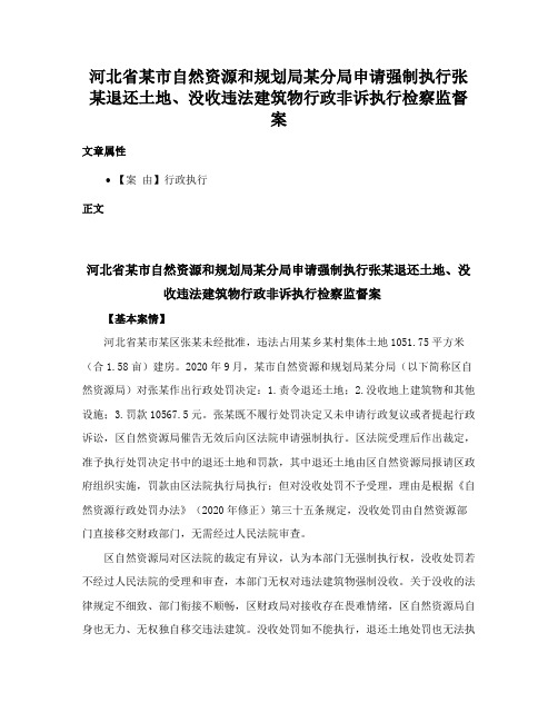 河北省某市自然资源和规划局某分局申请强制执行张某退还土地、没收违法建筑物行政非诉执行检察监督案