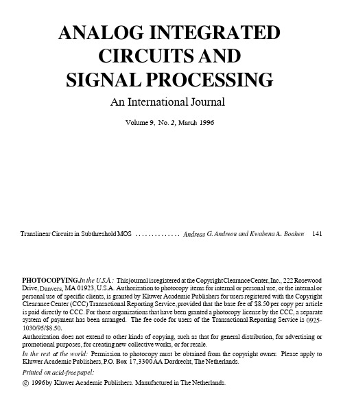 Analog Integrated Circuits And Signal Processing