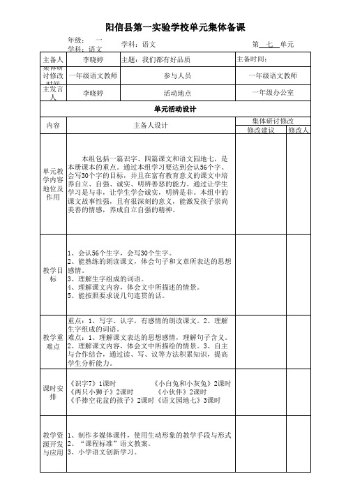 一年级下册集体备课格式(七单元)