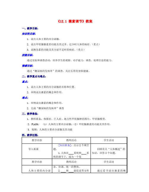 七年级生物下册《12.1 激素调节》教案 苏教版