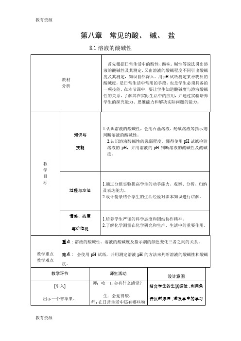 【教育资料】科粤版九年级化学下册8.1溶液的酸碱性教案学习专用