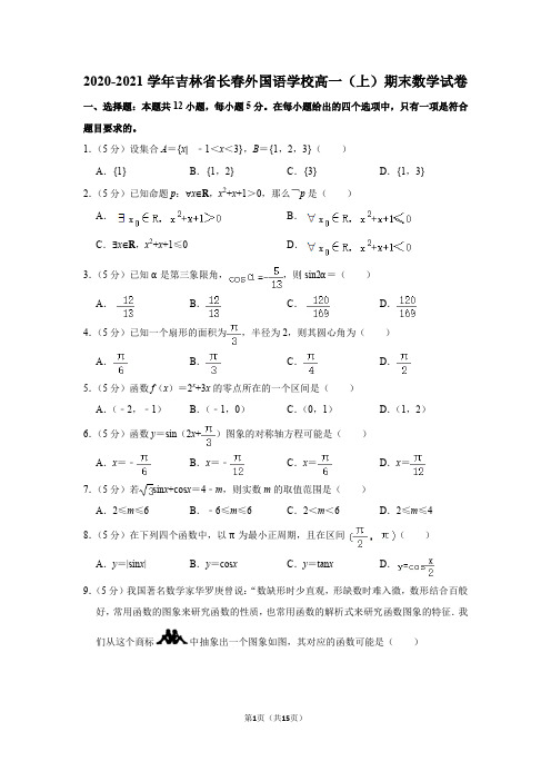 2020-2021学年吉林省长春外国语学校高一(上)期末数学试卷