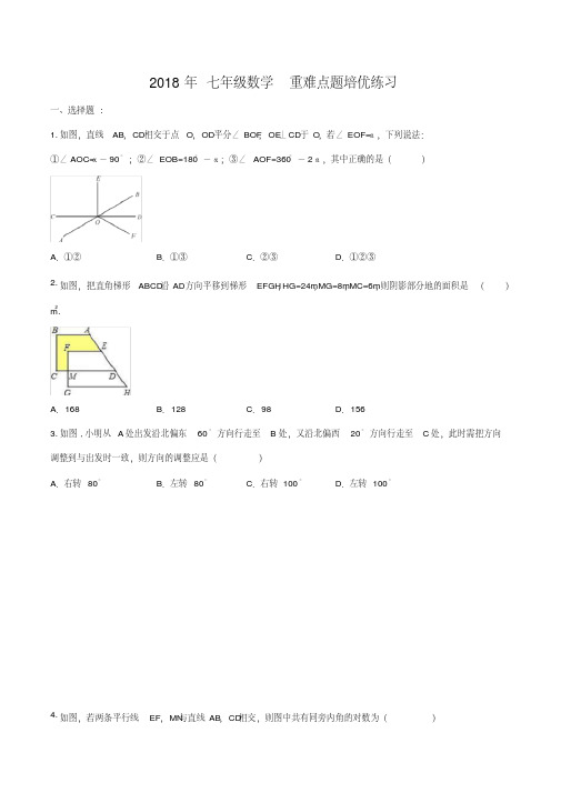 人教版2018年七年级数学下册重难点题培优练习(含答案)