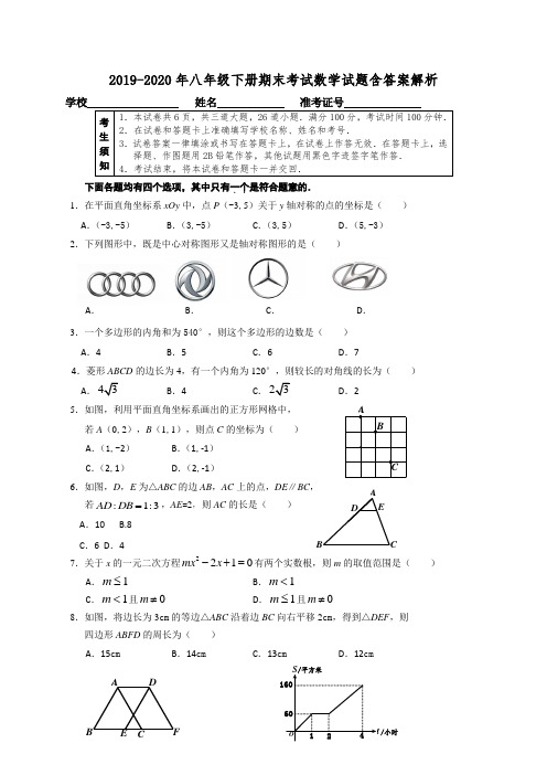 2019-2020年八年级下册期末考试数学试题含答案解析