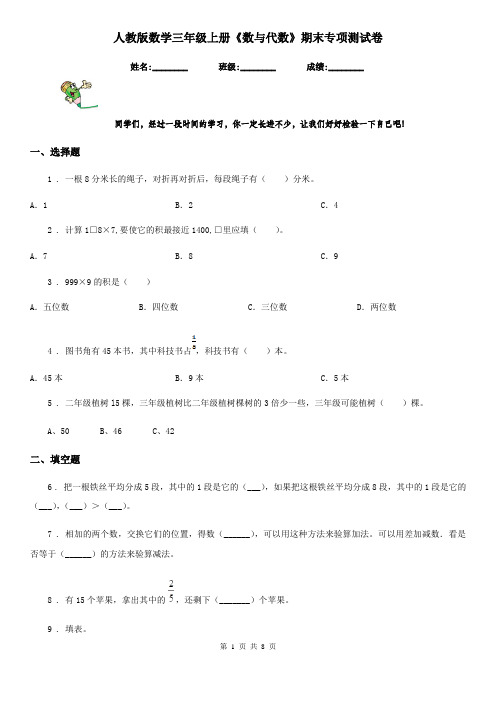 人教版数学三年级上册《数与代数》期末专项测试卷