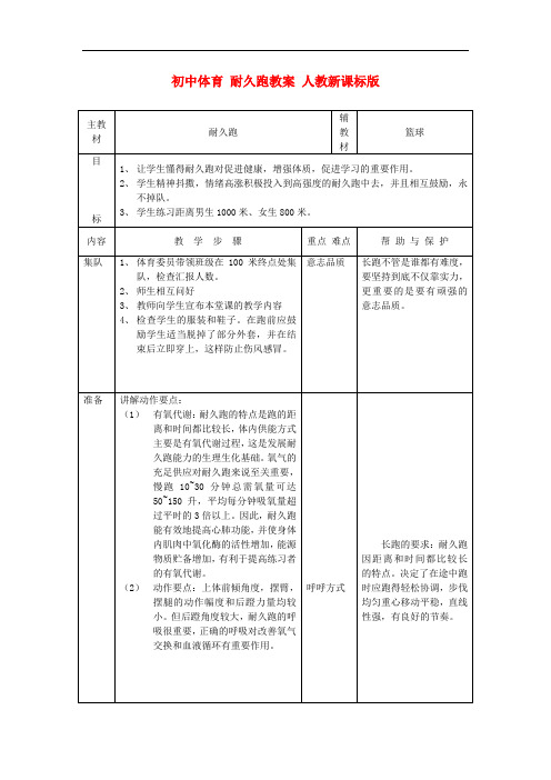 初中体育 耐久跑教案 人教新课标版