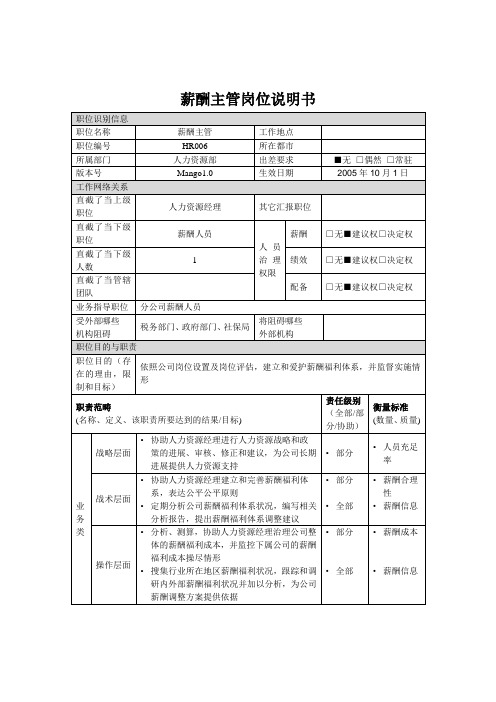 薪酬主管岗位说明书