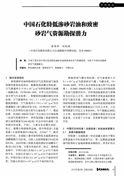 中国石化特低渗砂岩油和致密砂岩气资源勘探潜力