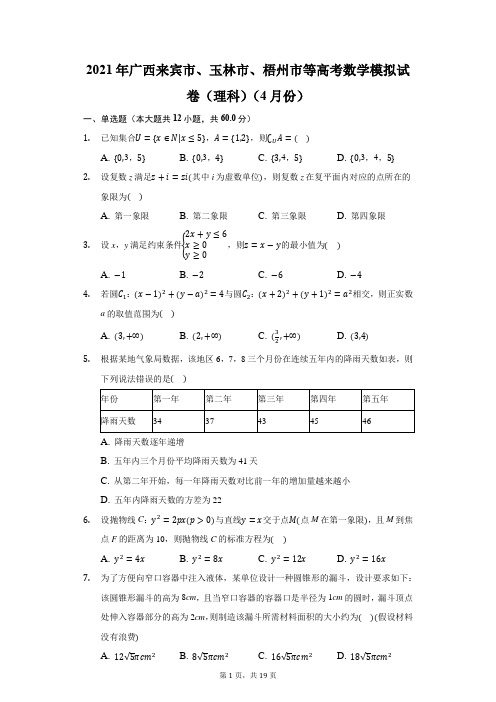 2021年广西来宾市、玉林市、梧州市等高考数学模拟试卷(理科)(4月份)(附答案详解)