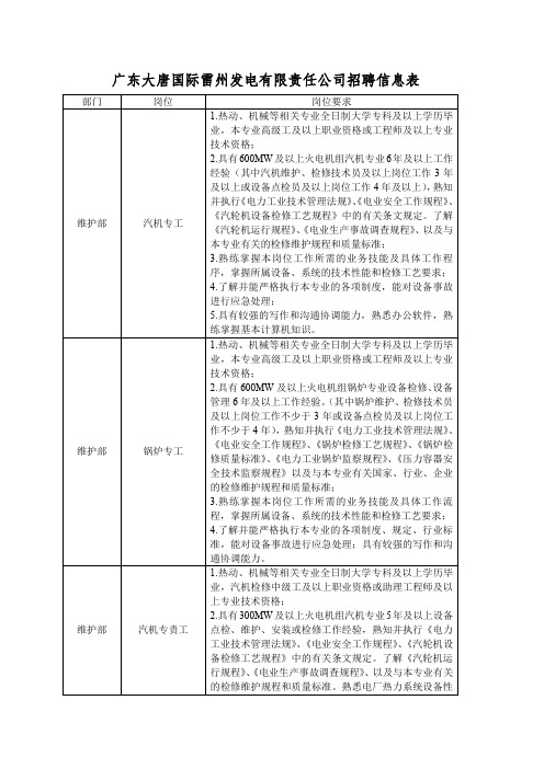 广东大唐国际雷州发电有限责任公司招聘信息表