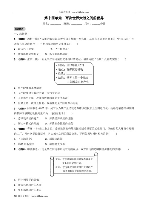 (淄博专版)2019届中考历史复习第十四单元两次世界大战之间的世界检测