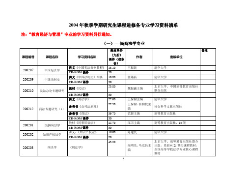 2004年秋季学期研究生课程进修各专业学习资料清单