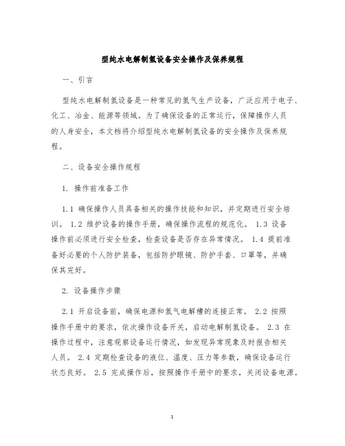 型纯水电解制氢设备安全操作及保养规程