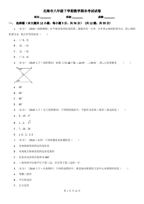 北海市八年级下学期数学期末考试试卷 