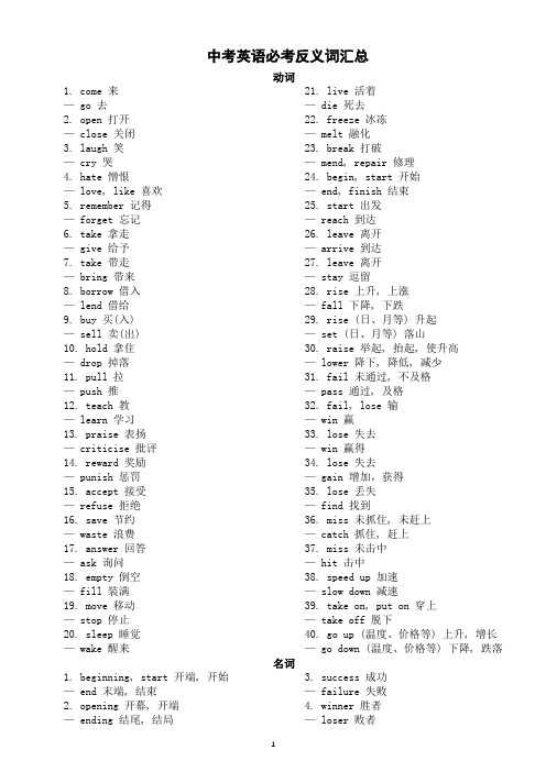 初中英语中考必考反义词汇总(共90组)