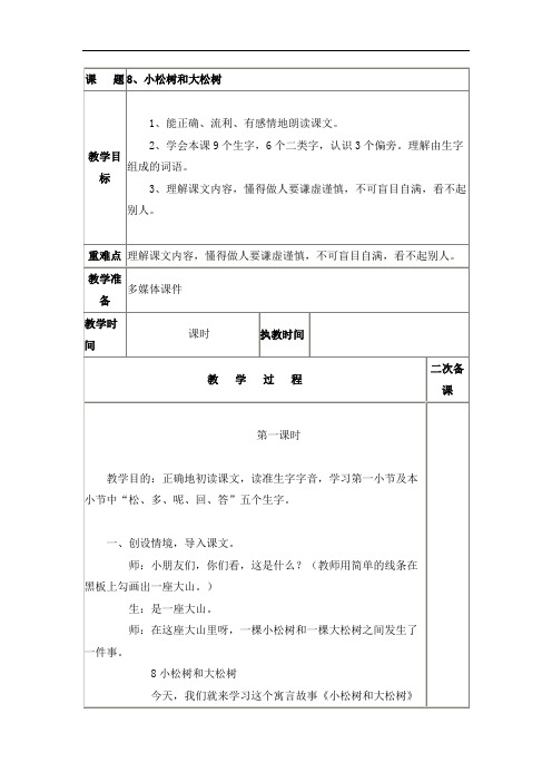 一年级下语文导学案-小松树和大松树